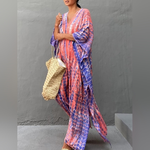 Pink Lavender Tie Dye Hippie Kaftan Long Loose Maxi V Dress Bohemian Dyed Caftan - Picture 3 of 8
